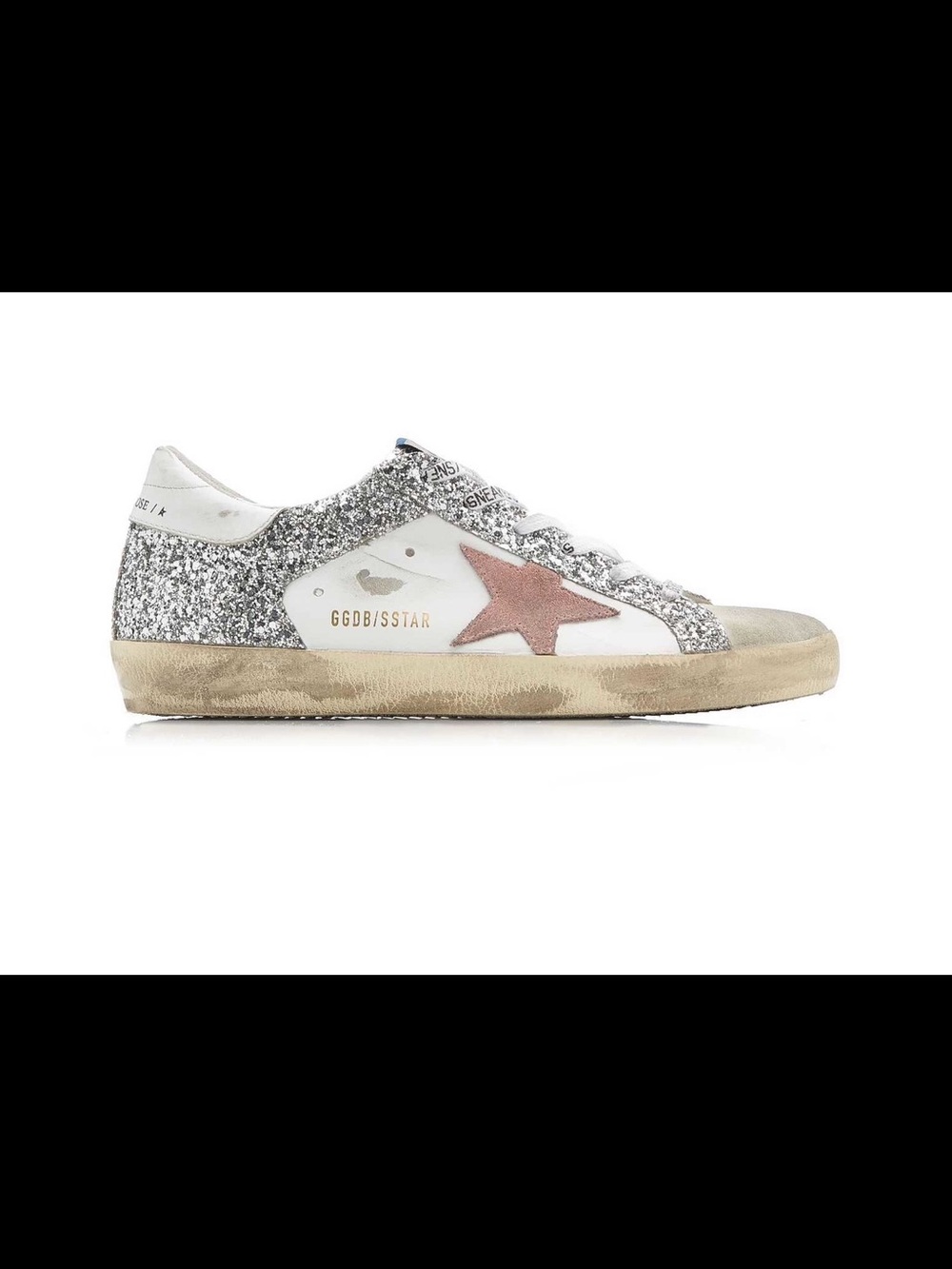 Golden Goose superstar White Sneakers with Silver Glitter and Pink Star 37